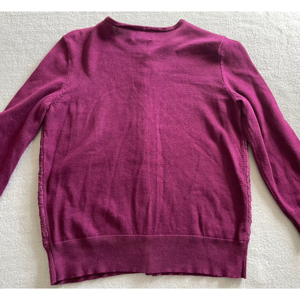 Chaps Classics Petite Purple Floral Lace Front Cardigan Sweater PS Cotton Plum - Picture 2 of 7